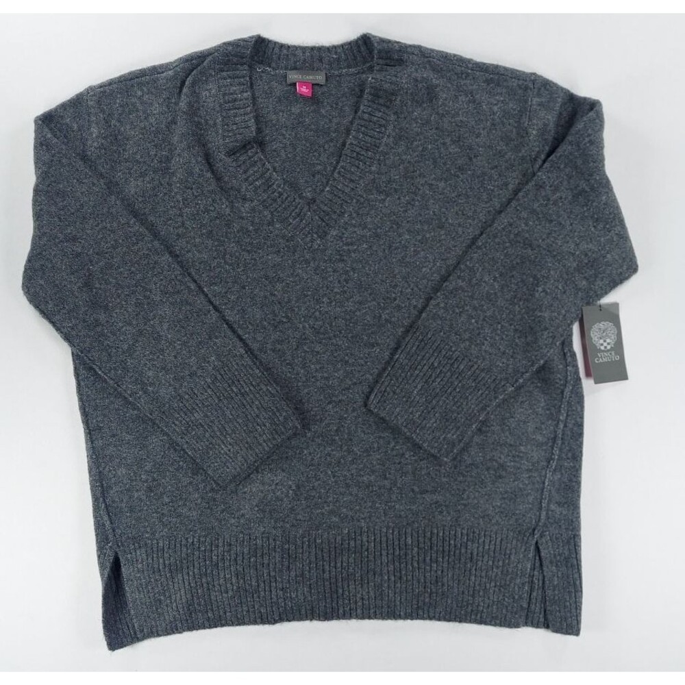 Vince Camuto Women's V-Neck Sweater Charcoal Grey Ribbed Knit Pullover Slit M